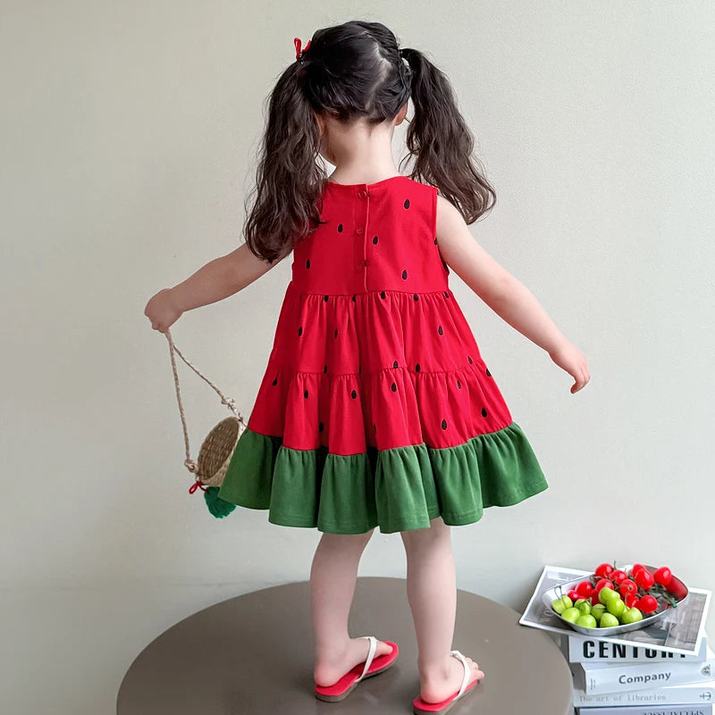 Little Girls Dress Kids Classic A-Line Dress With Watermelon Design Child Summer Sleeveless Dress Baby Girls Outfit Size 2-11Y