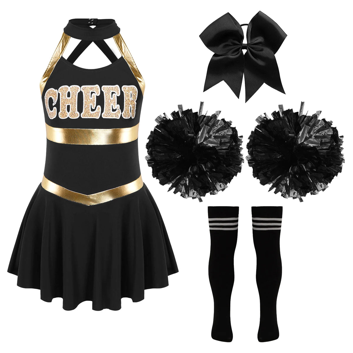 Kids Girls Cheerleading Costumes Childs Sleeveless Dress Hand Flowers Striped Socks Dancewear Sets Schoolgirl Cheer Dance Suits