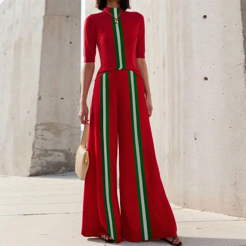Krisstarsgirls Green White Striped Trousers Women 2025 Summer Spring Red Elastic Waist Wide Leg Contrast Color Long Pants Female