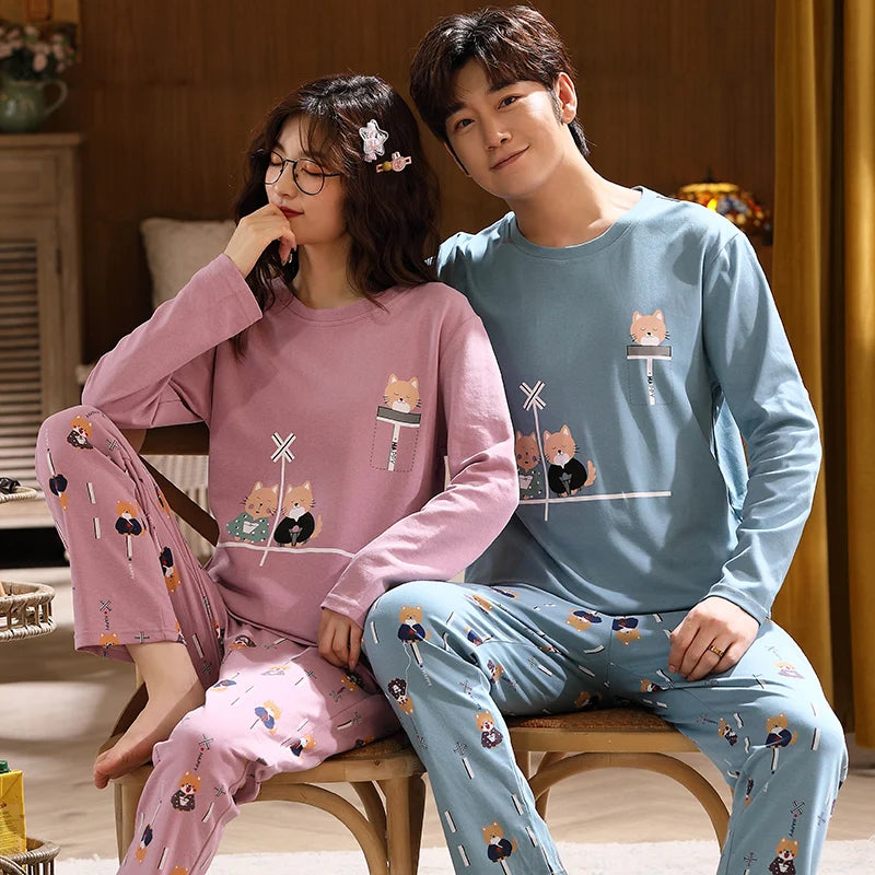 Cartoon Cute Pajamas Set For Women Men Cotton Couples Homewear Autumn Spring Long Sleep Tops Pant Nightwear Mujer hombre