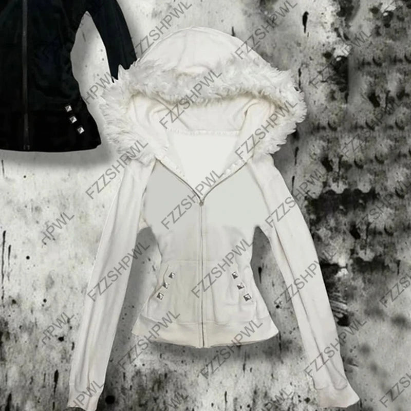 Unique Harajuku Rivet design Y2K Zip up hoodie Fashion Rock Gothic Faux Fur Collar Zipper Hoodie sweatshirt Casual Punk Clothes
