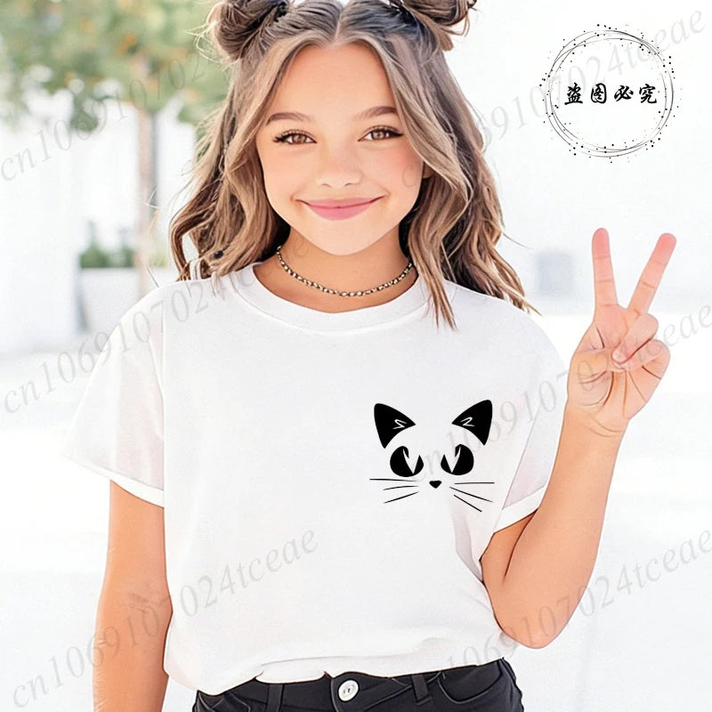 Summer Girls T-shirts Clothes Kid Girls Tshirts Casual Clothes Kwaii Cat Anime Print Cotton T-shirts Anime Children Fashion Tops