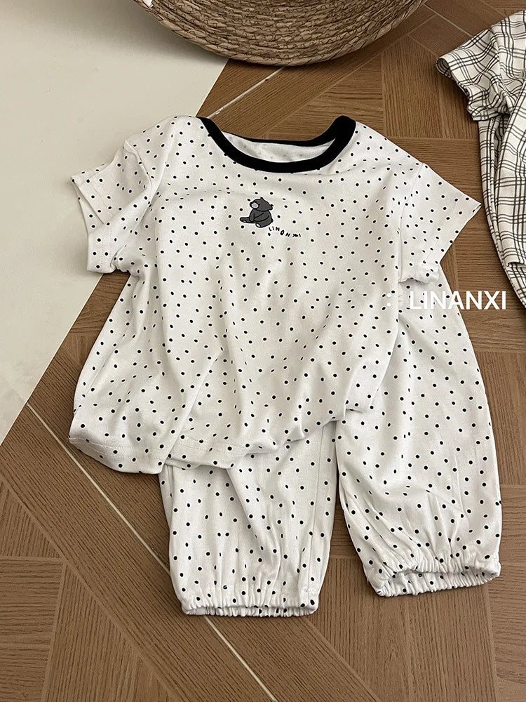 2025 Summer Kids Pajama Sets Home Wear Clothes Children's New Pajamas Knitted Set Cartoon Print Sleepwear Pajama Set