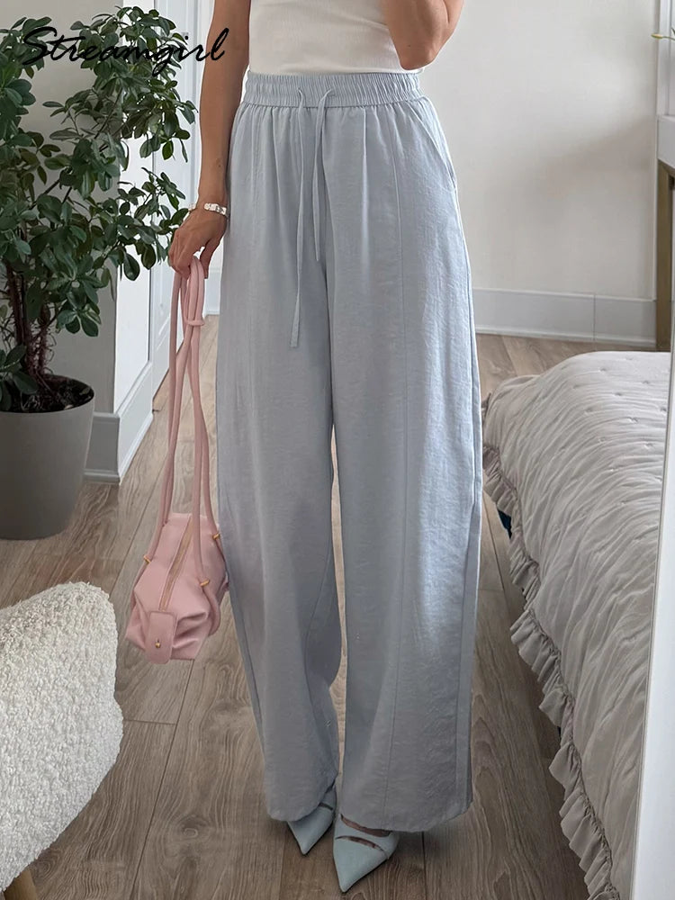 Cotton Summer Pants For Women Wide Leg Blue Trousers With Elastic Band Straight Leg Bottoms White Women's Pants Summer Loose