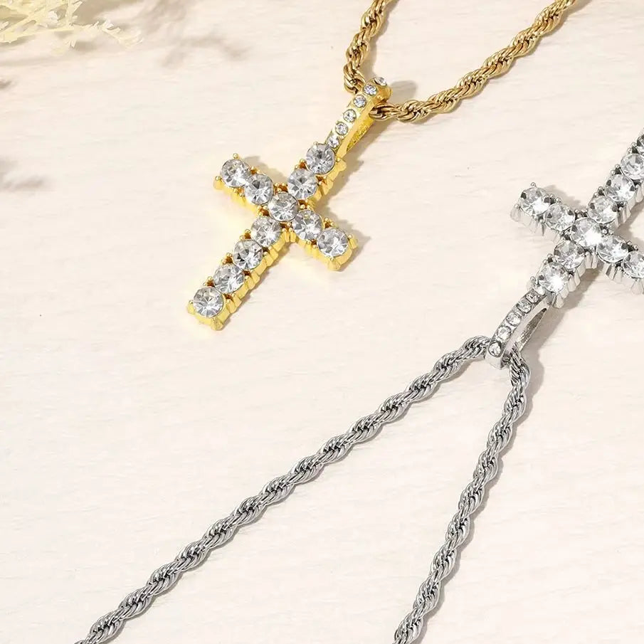 Cross Necklace for Men Gold Necklace for Women Cross Jewelry Silver Plated Solid Iced Cubic Zirconia Stainless Steel Pendant