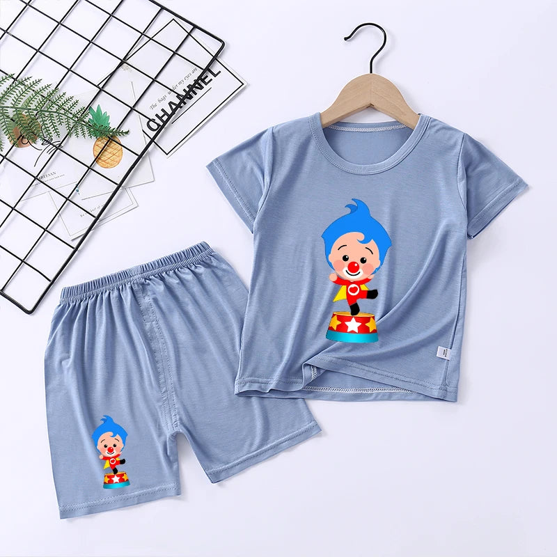 Plims Clown Children Pajamas Home Clothing Sets Kids T-shirt Pants Suit Cartoon Anime Low-waisted Boys Summer Nightshirt Clothes