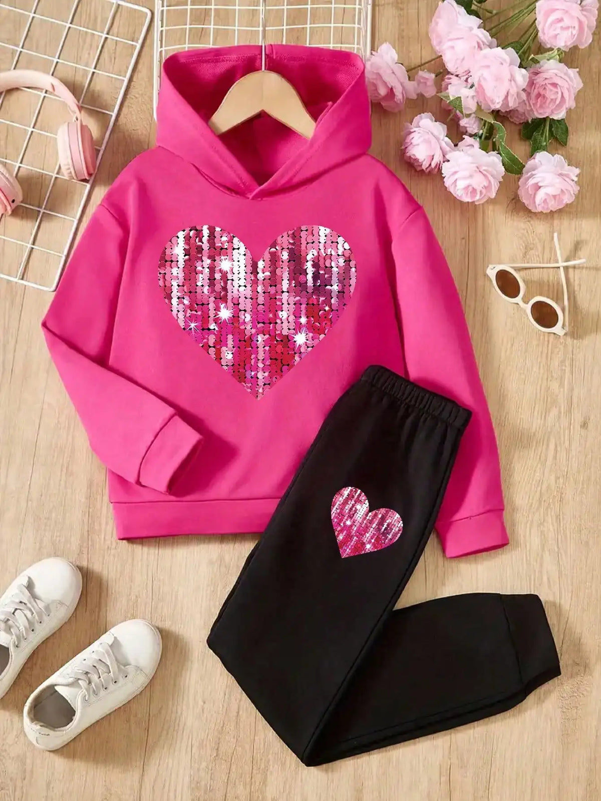 Kids' Autumn Winter Hooded Love Print Sweatshirt And Pants Set Long Sleeve Elastic Waist Comfortable Cotton Outfit for Children