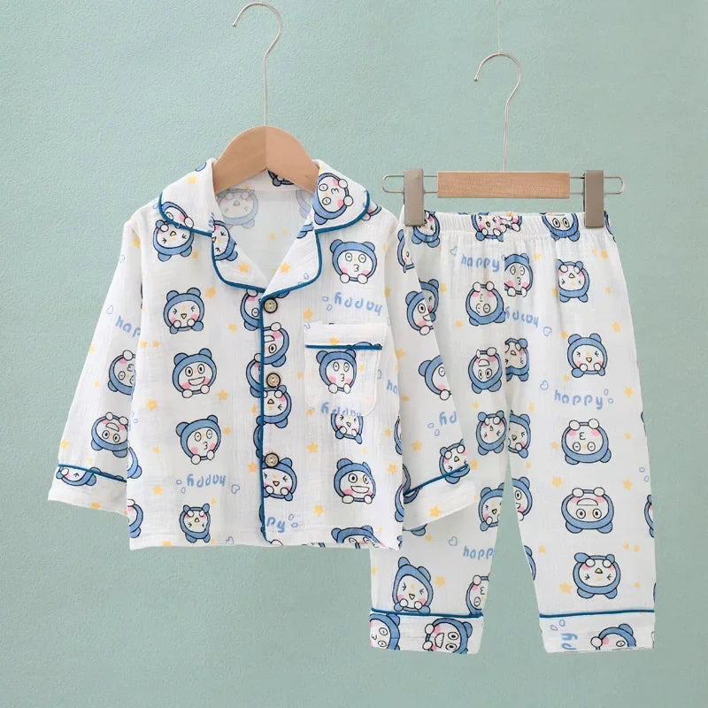 Kids Summer Thin Pajamas Sets New 2023 Boys Girls Cotton Linen Cartoon Long Sleeve Lapel Shirt Tops with Pants Baby Home Wear