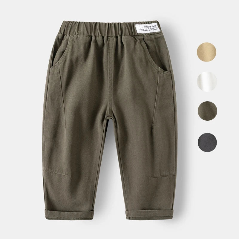 2026 Spring Autumn Kids Pants Boys Clothing Cotton White Khaki Pocket Pants Toddler Korean Trousers Children Loose Baby Pants