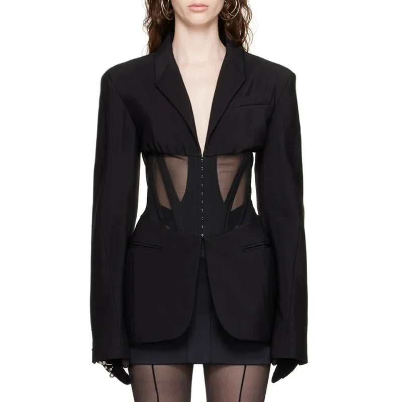 Women's Casual Fishbone Blazers, Long Sleeve, Loose Coats, Autumn Slim-Fit, See-through Outerwear, Korean Style