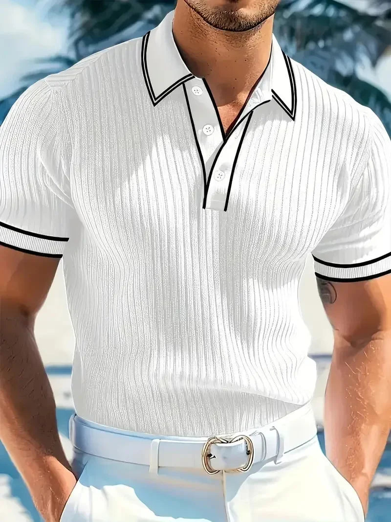 New Men's Short Sleeved Summer Color Blocked Striped Lapel Polo Shirt for Summer