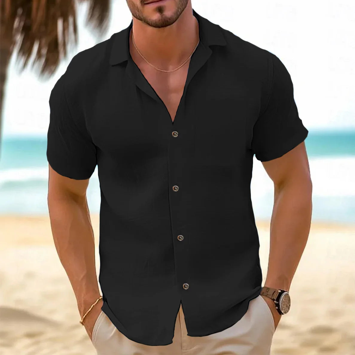 Men's Casual Button Down Shirts Short Sleeve Textured Summer Beach Shirt Cuban Vacation Shirts with Pocket S-XXXL