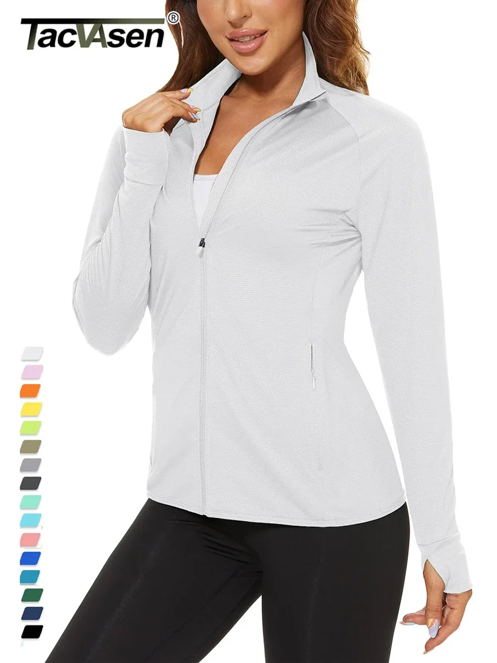 TACVASEN UPF 50+ Sun Protection Summer Shirts Womens Long Sleeve Shirts Full Zip Casual Jackets Zipper Pockets Golf Athlete Tops