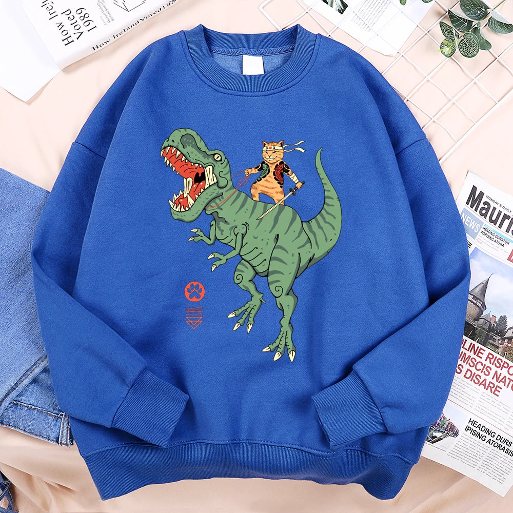 Japanese Harajuku Riding Dinosaur Cat Men Women Hoodie Fashion Fleece Hoodies Autumn Casual Clothing Fleece Oversized Streetwear