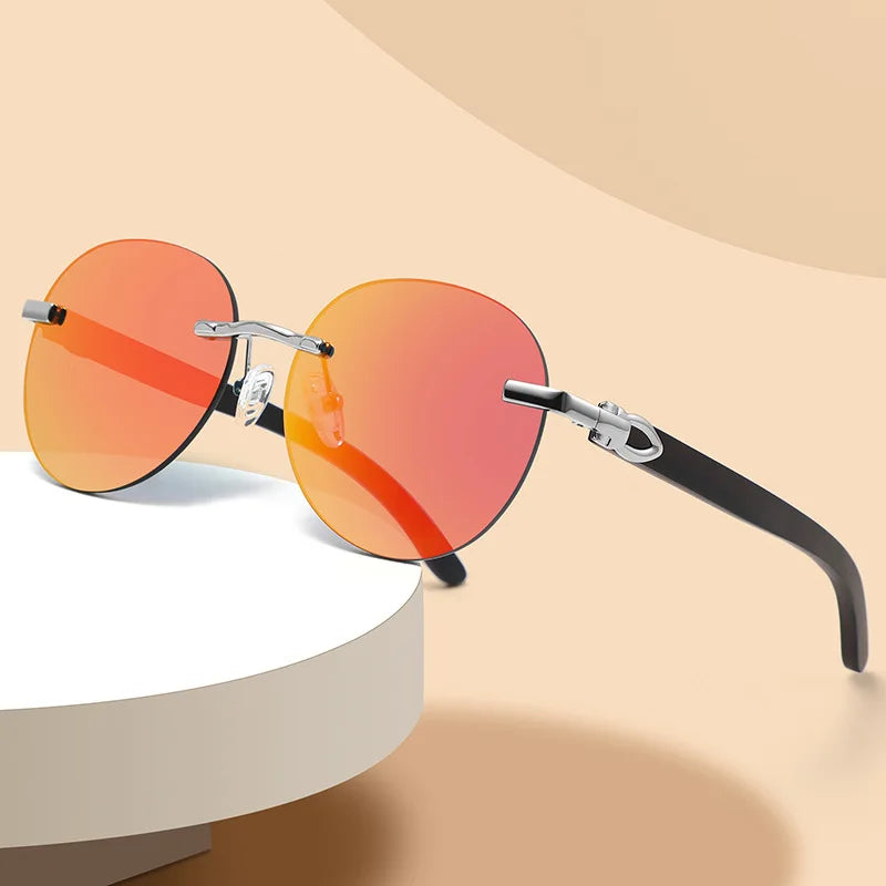 Premium Rimless Sunglasses for Men and Women, Wood Legs, Metal Frame, Fashion Sun Glasses