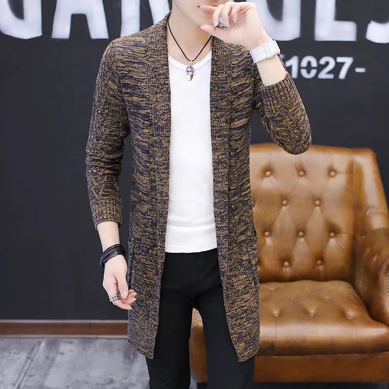 Men's Spring Sweater Knitted Cardigan X-long Knitted Coat Autumn Sweaters Solid Color Sweatercoat