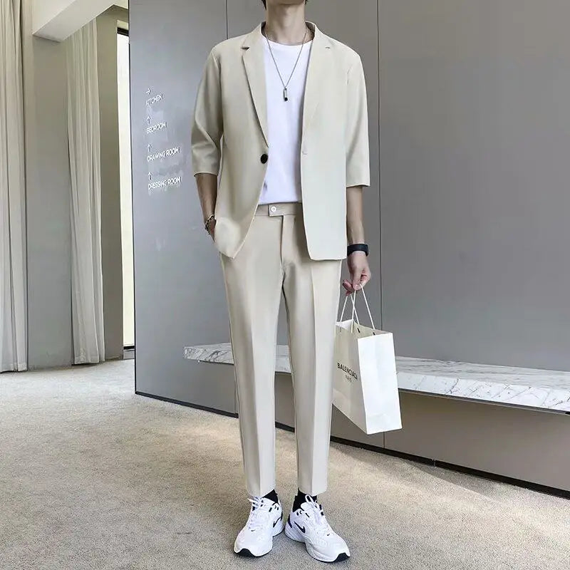 Men's Casual Half Sleeve Suit Jacket Polyester Fiber Breathable round Hemline Single Button Closure Standard Fit Adult Wear