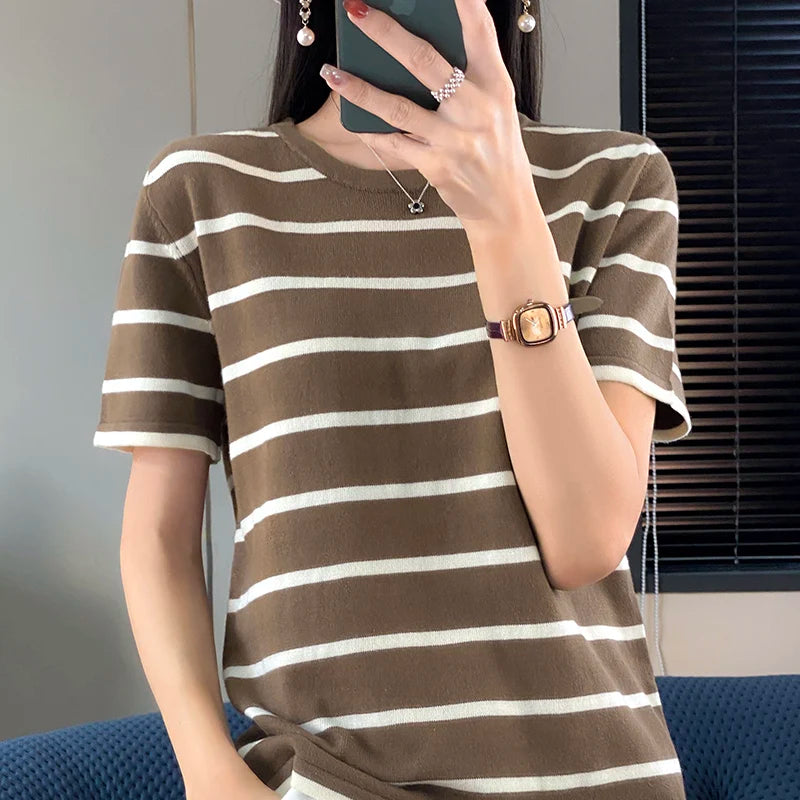 WinvyNee Summer Women 100% Cotton Striped T Shirt Women Clother Tops Short Sleeve O neck Sweater Casual Basic Pullover A1092006