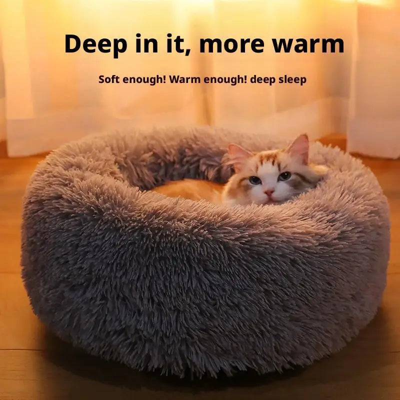 Soft Pet Cat Bed Pad Plush Warm Faux Fur Dog Calm Bed Donut Round Bed Comfortable Sleeping Washable for Small Medium Dog and Cat