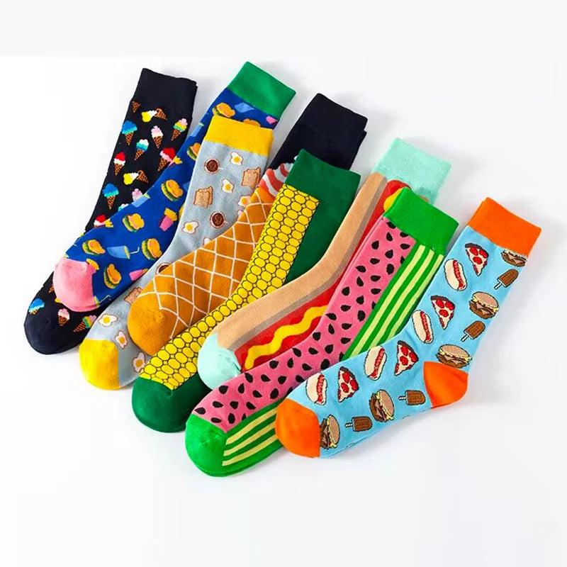 Funny Socks Men Women Casual Cartoon Beer Hamburger Egg Sausage Ice Cream Avocado Heart Sokken Unisex Novelty Skateboard Meias
