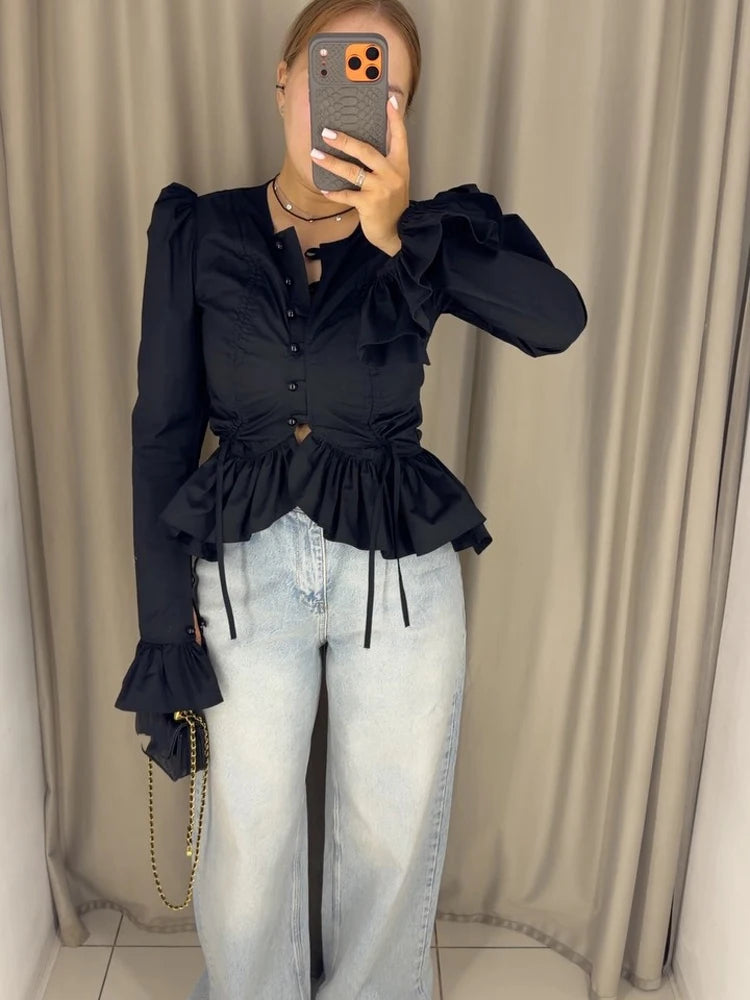 Women's Shirt Flare Sleeve Single Breasted Ruffle Hem Solid Female Shirts 2026 Fashion Spring Summer 2026 Elegant Cropped Tops