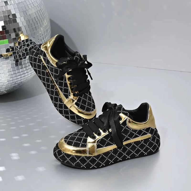 Designer Women's Sneakers Crystal Rhinestone Sparkles Shoes Luxury Platform Shoes Womens Trainers Fashion Lace-up Casual Shoes