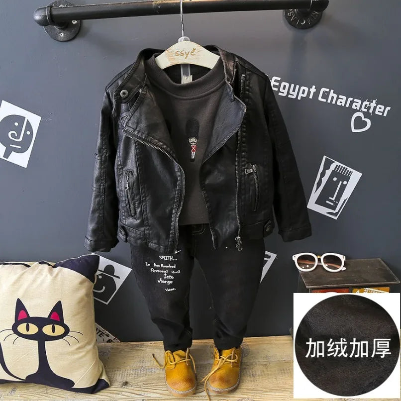 2025 Girls Boys Black Pu Zipper Jackets Kids Baby Leather Jacket  Cool Coat Children Clothes Overcoats Spring Autumn 2-14T