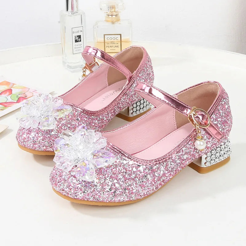 Kids Causal Shoes Wedding Party Children's High Heels Princess Shiny Crystal Flower Girls Leather Shoes Pink Blue Sliver 23-38