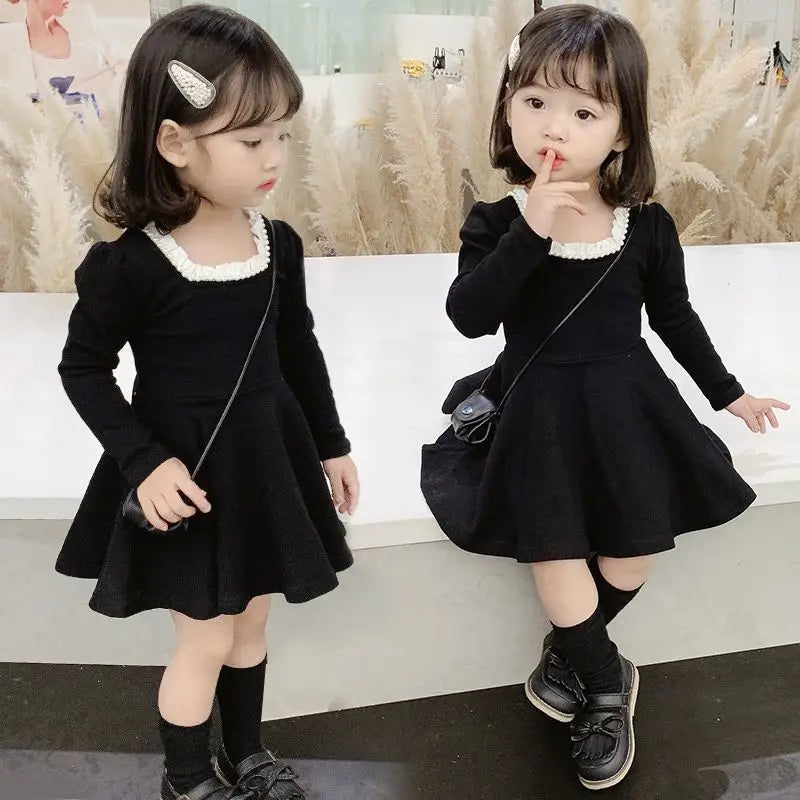 Kids Girls Dress Fashion Long Sleeve Pure Color 2026 New Spring Autumn New Childrens Dress Black Princess Dress