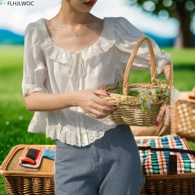 Cute Cotton Blends Tops Short New Design 2025 Woman Summer Short Sleeve Ruffles Casual Hollow Out White Lace Shirts