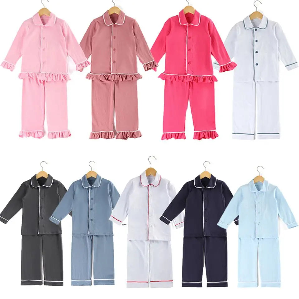 Mudbala Kids Fall Winter Cotton Pajamas Sibling Matching Boys Girls Ruffle Pyjamas Button Up Homewear