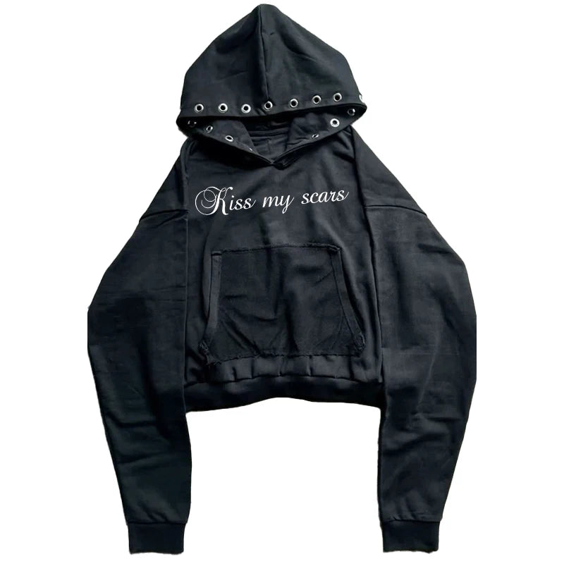 Street vintage Harajuku Autumn Winter riveted cool girl Gothic zipper hoodie coat Punk plush hat warm Y2K short cardigan jacket