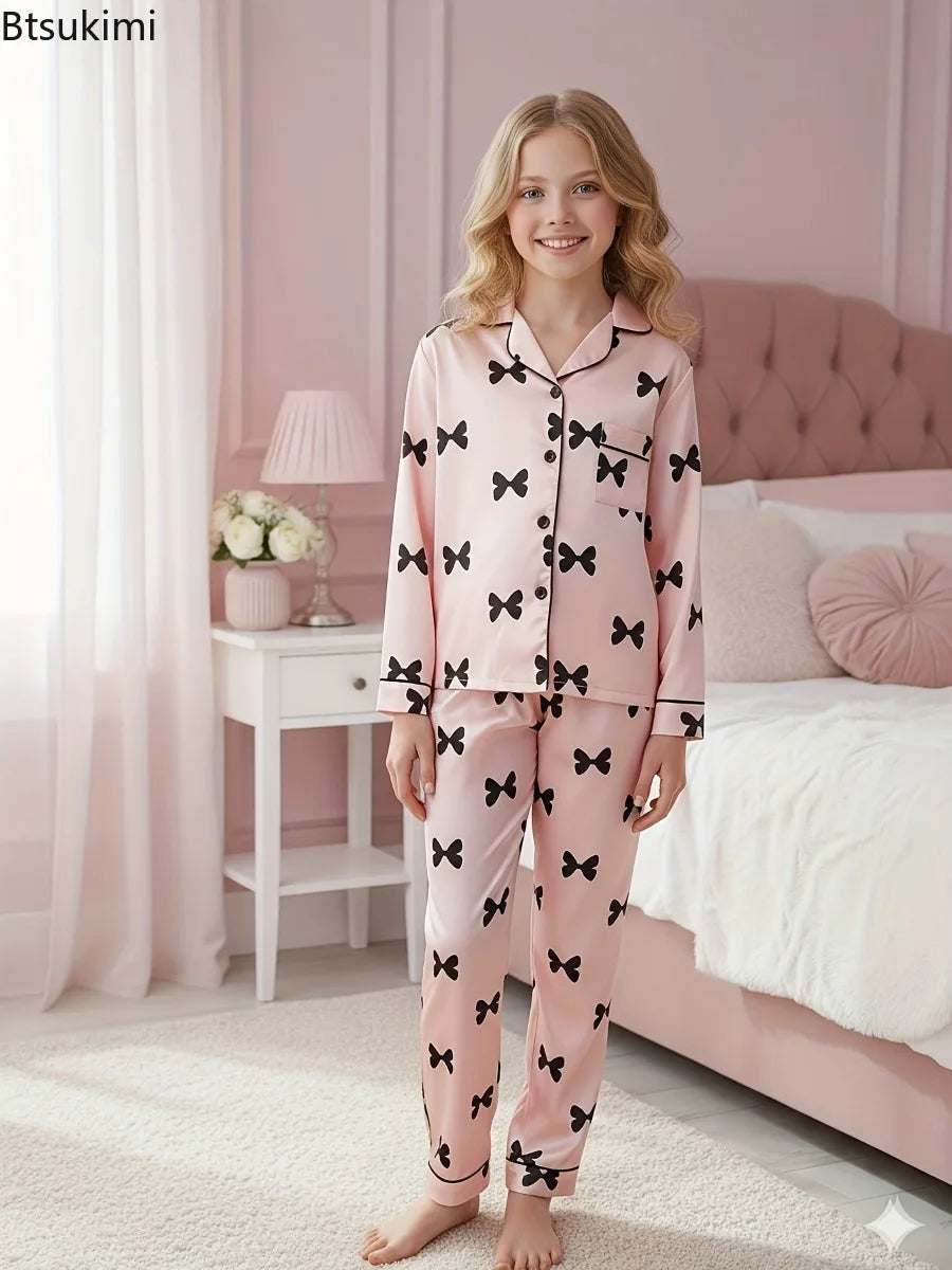 Autumn New Children's Pajama Set Imitation Silk Bow Printed Two-piece Pajamas Girls Solid Color Casual Long Sleeves Home Clothes