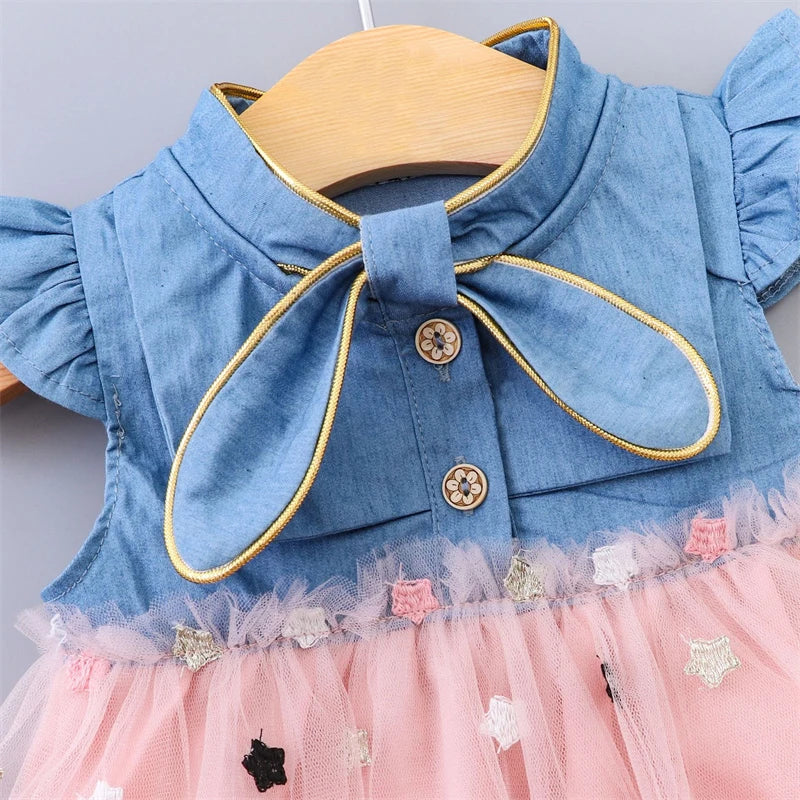 Baby Girls Dresses Summer 1-4Years Kids Tulle Dress Ruffles Sleeve Denim Cotton Mesh Toddler Children Clothing Casual Wear A458
