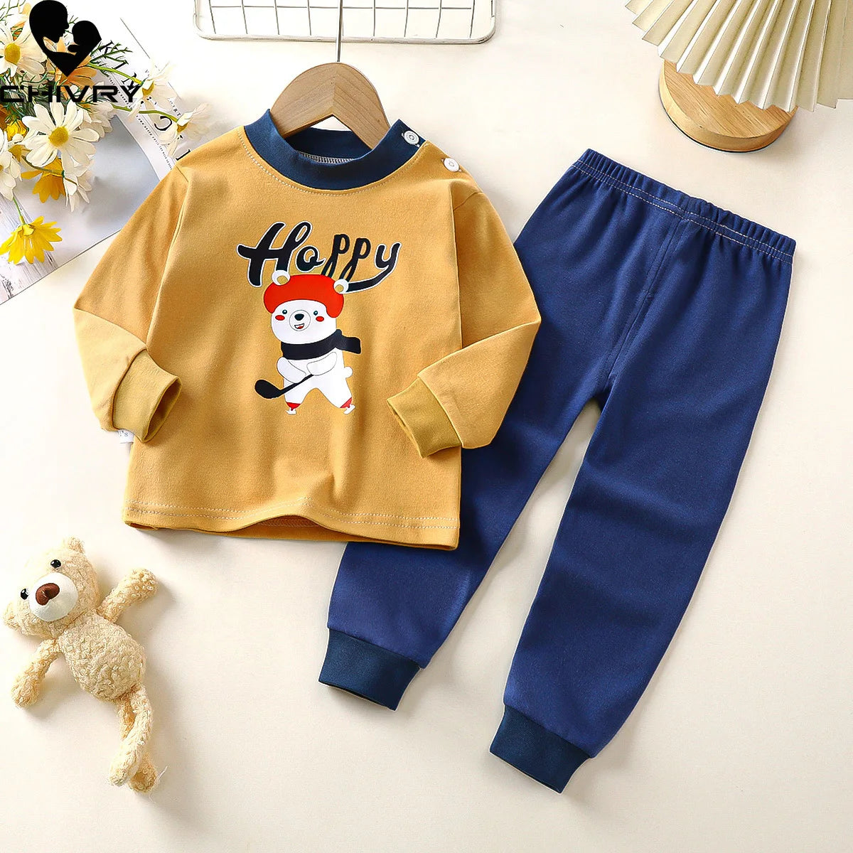 Boys Girls Autumn Pure Cotton Pajamas Kids Cartoon Print Long Sleeve T-Shirt Tops + Pants Pyjamas Baby Underwear Clothing Sets