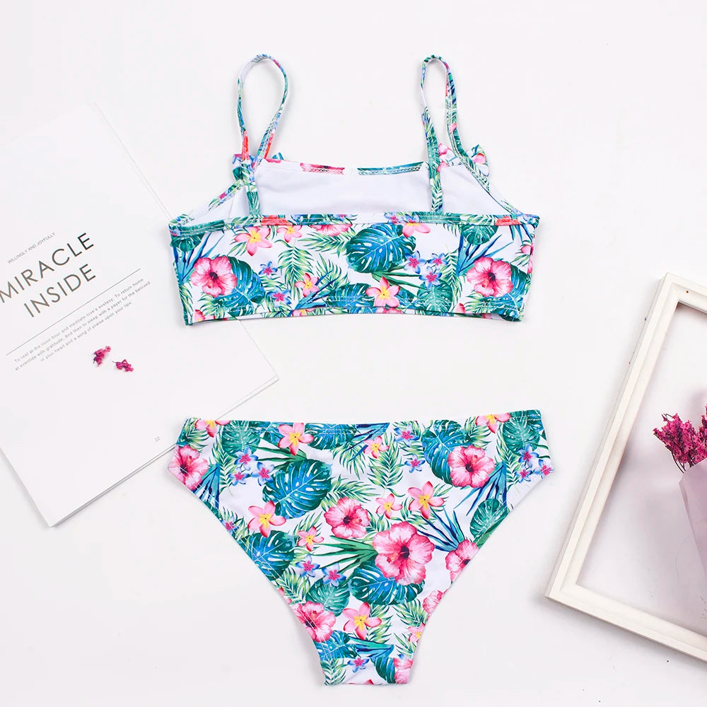 2-8 Years Kids Girls Swimsuit Children Print Bow Deco Bikini Set Summer Baby Kids Girl Biquini Beachwear Swimming Suit Swimwear