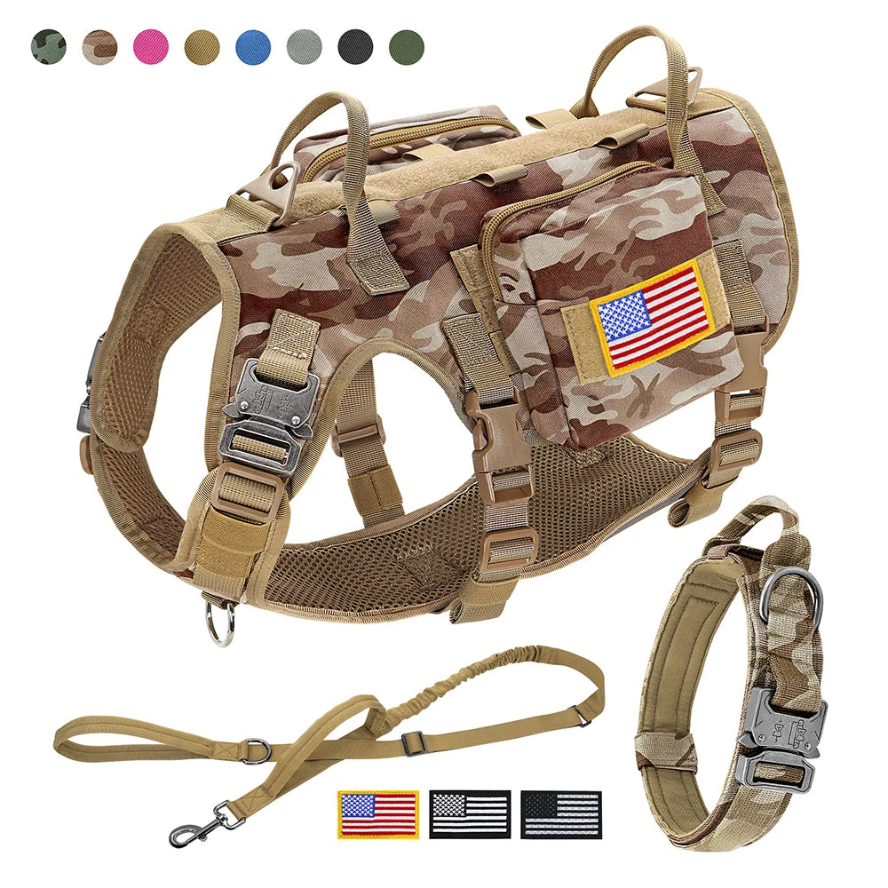 Military Tactical Dog Harness Collar Leash Set with Pouches Flags Durable Pet Harnesses Vest Collars Leashes for Dogs Training