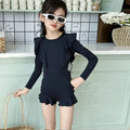 Girls Swimwear 2026 Ins Summer Simple Solid Hollow Out Long Sleeve Sunscreen Children Girls Swimsuit Kids Girls Swimwears