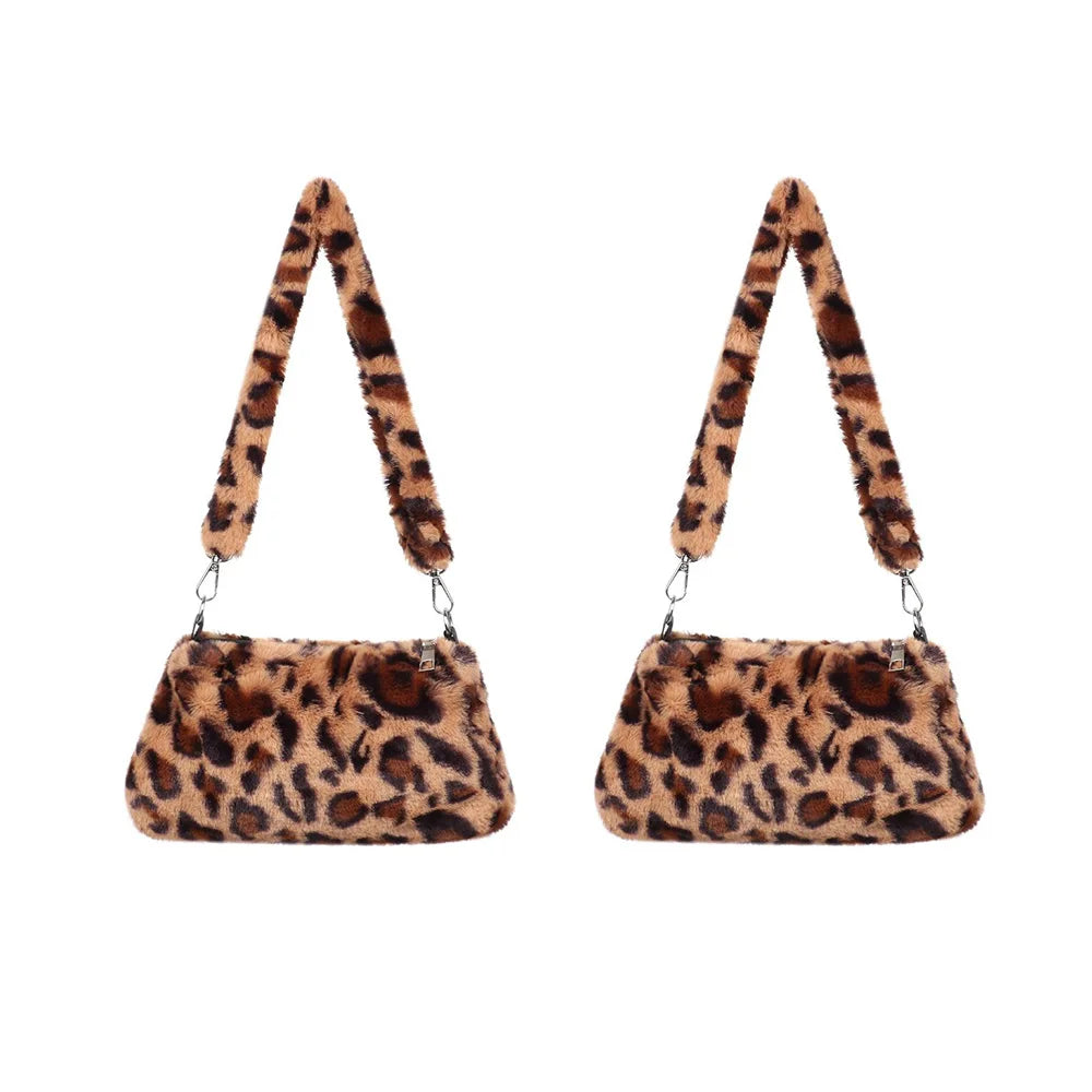 New Women's Casual Shoulder Bag Animal Print Leopard Plush Lady Shoulder Underarm Bag Female Messenger Bag Crossbody Bags