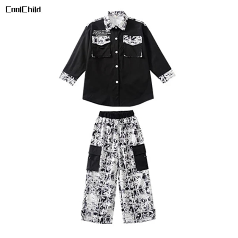 Hip Hop Girls Street Dance Jacket Contrast Cargo Pants Boys Shirt Joggers Clothes Set Kids Streetwear Child Jazz Costumes Outfit