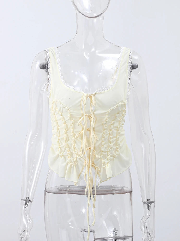 Sexy Lace Up Ruffles Vest Women See Through Hollow Out Slash Neck Solid Tops 2026 Spring Summer Chic Streetwear Clothes Lady