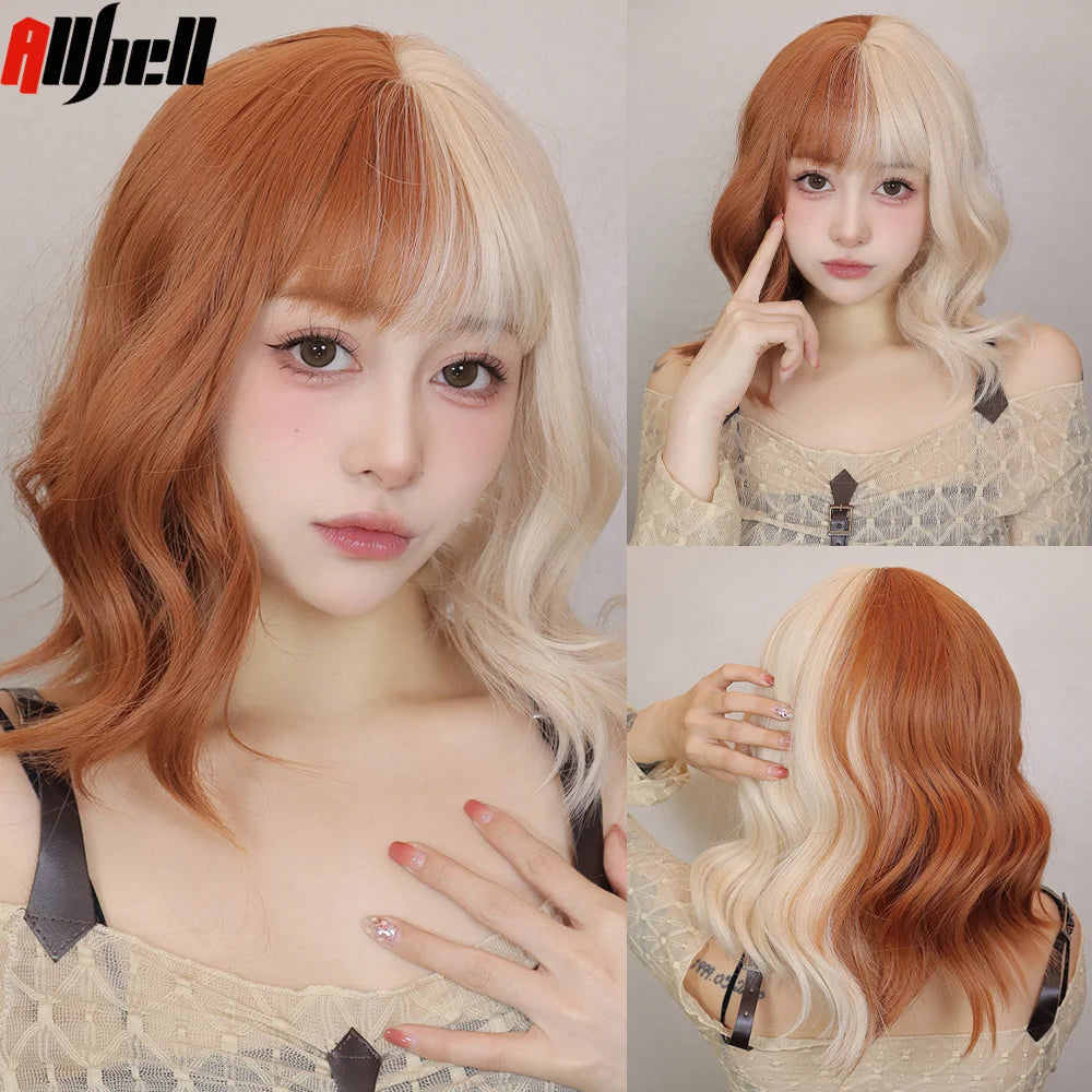Short Curly Wavy Wigs with Bangs Deep Red Colorful Synthetic Wig Cosplay Hair for Women Party Halloween Hairs High Temperature