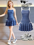 Trendy Girls Denim-Look Mini Dress, Ruched Tiered Ruffle Skirt & White Bow Decor Cami Dress for Kids（This Is Not Real Denim, Just