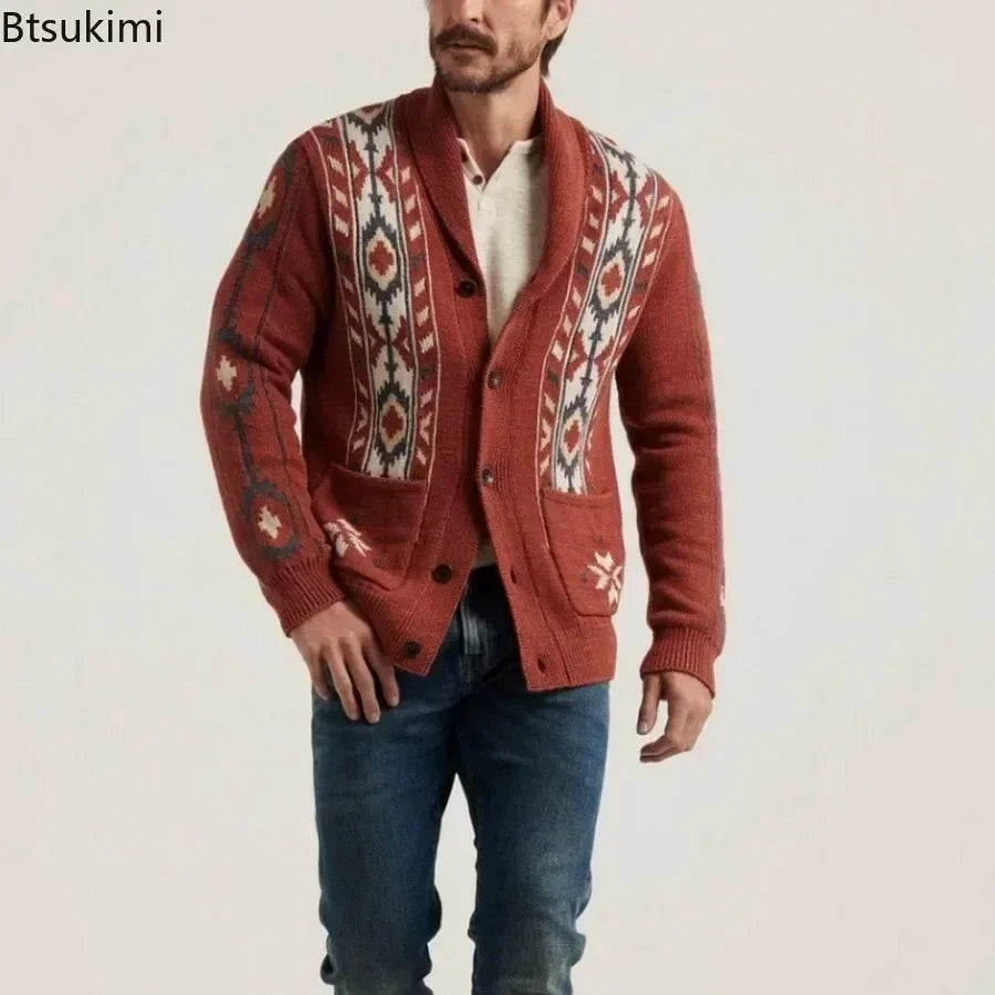 2026 Autumn/Winter Men's Sweaters Lapel Retro Jacquard Sweater Coats Man Knitted Cardigan Thicker Warm Sweater for Men's Jacket