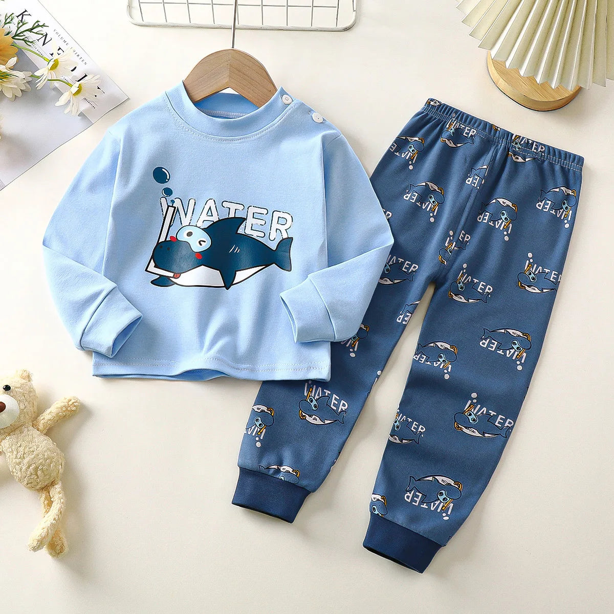 Boys Girls Autumn Pure Cotton Pajamas Kids Cartoon Print Long Sleeve T-Shirt Tops + Pants Pyjamas Baby Underwear Clothing Sets