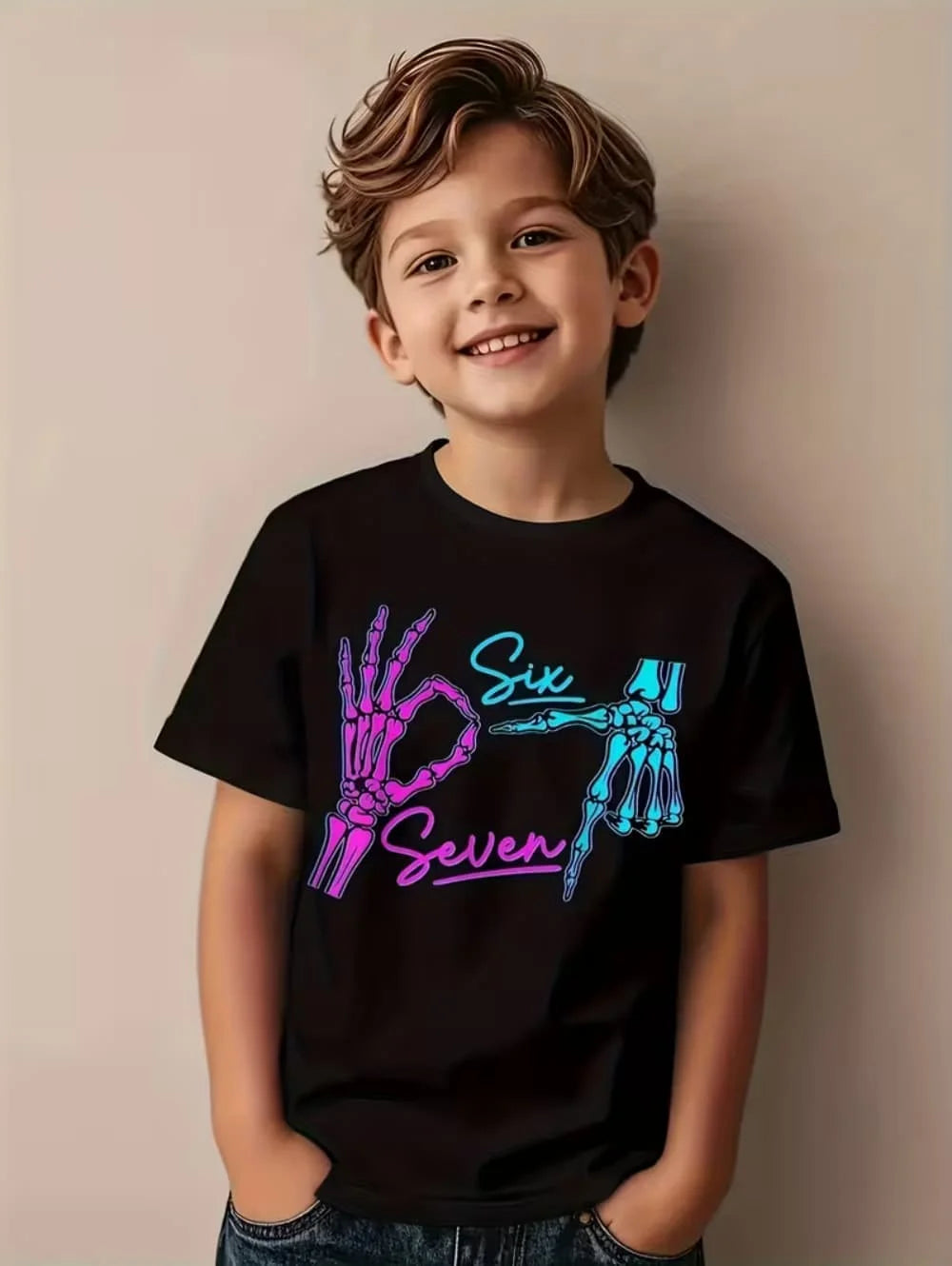 Fun Six Seven 6 7 Meme Design T-Shirt for Kids Chaotic Humor Y2k Game Saying Tees Casual O-Neck Top Fashion Children's Clothing