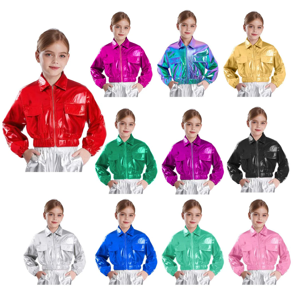 Kids Boys Girls Metallic Jacket Shiny Fashion Children's Coats Long Sleeve Disco Rave Tops Hip-Hop Jazz Dance Costume Outerwear