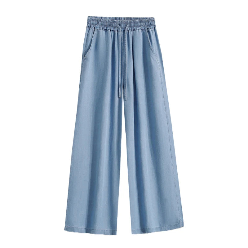 Women's Summer Slim Straight Leg Jeans Wide Leg Ice Silk Casual High Waist Trousers Cotton Polyester Blend No Ironing Needed
