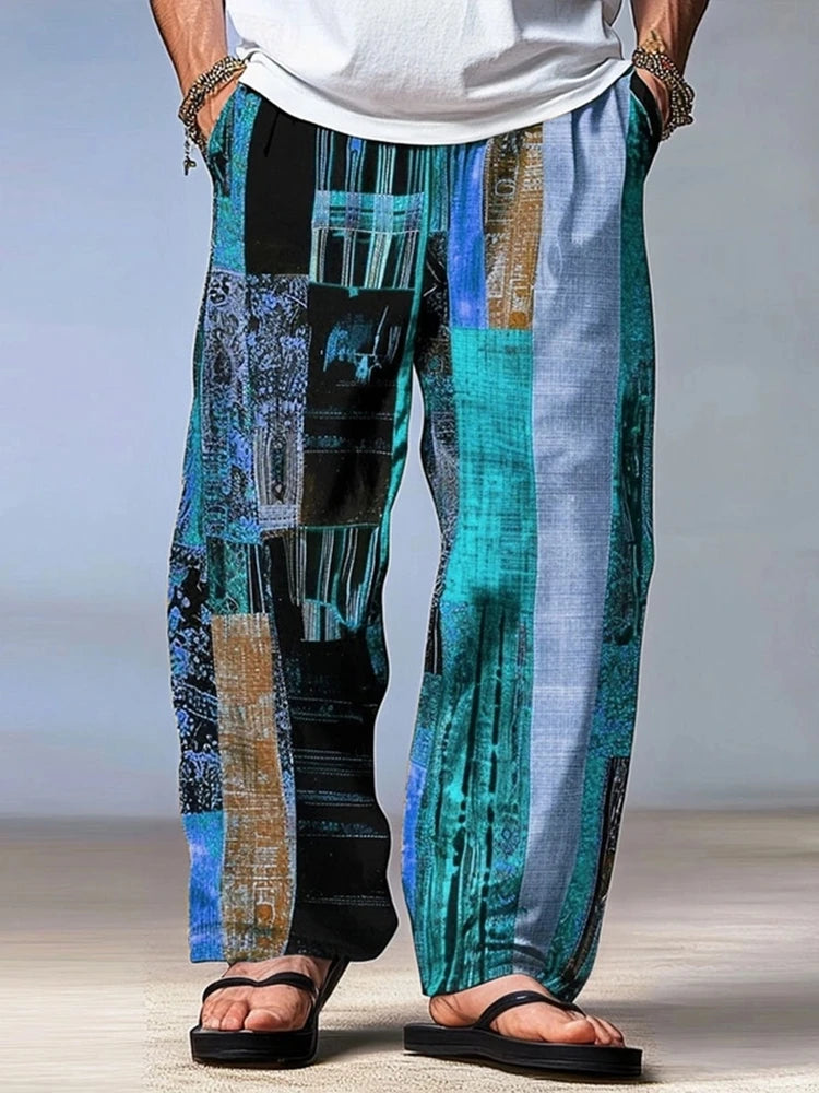 Men's Trousers Pants Beach Pants Drawstring Elastic Waist Summer 3D Print Stripe Graphic Prints Geometry Comfort Casual Pants