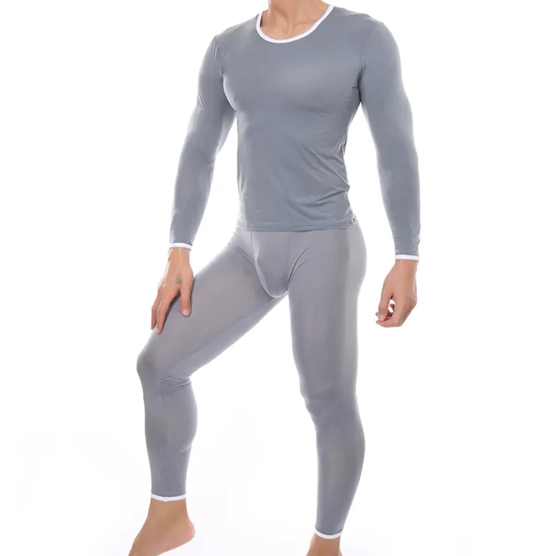 Men's Sexy Transparent Underwear Arrangement Sheer Ultra-Thin Seamless Warm Long Johns Ice Silk Comfortable Long Pajama Set